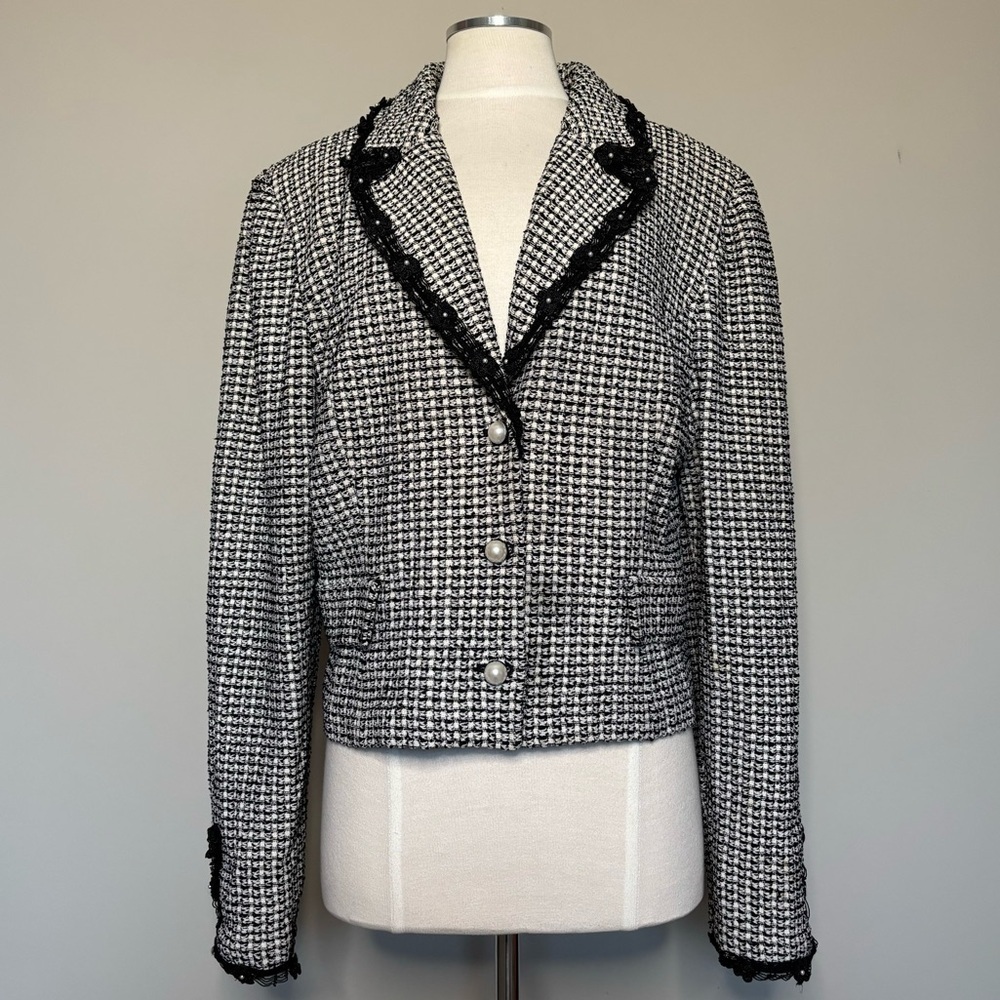 St John Couture Blazer Black White Tweed Pearl Buttons and Lace Trim, size 16